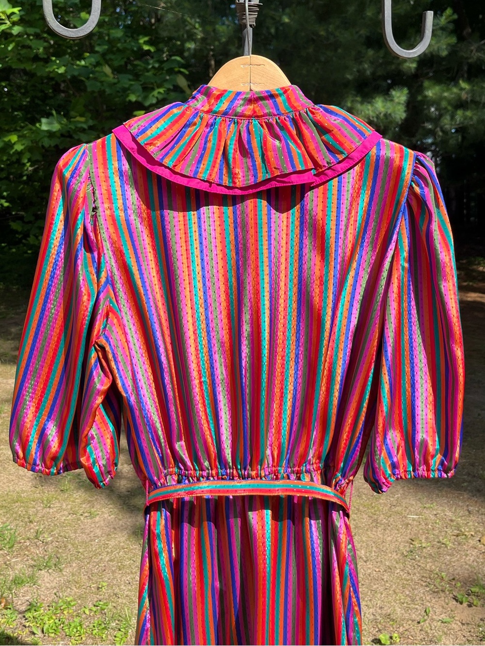 70s Sears Colorful Striped Circus Clown Ruffle Collar Midi Dress Size 14 Retro - Picture 11 of 16